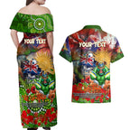 Personalised Australia Rugby Raiders ANZAC Couples Matching Off Shoulder Maxi Dress and Hawaiian Shirt Canberra Scratch Style