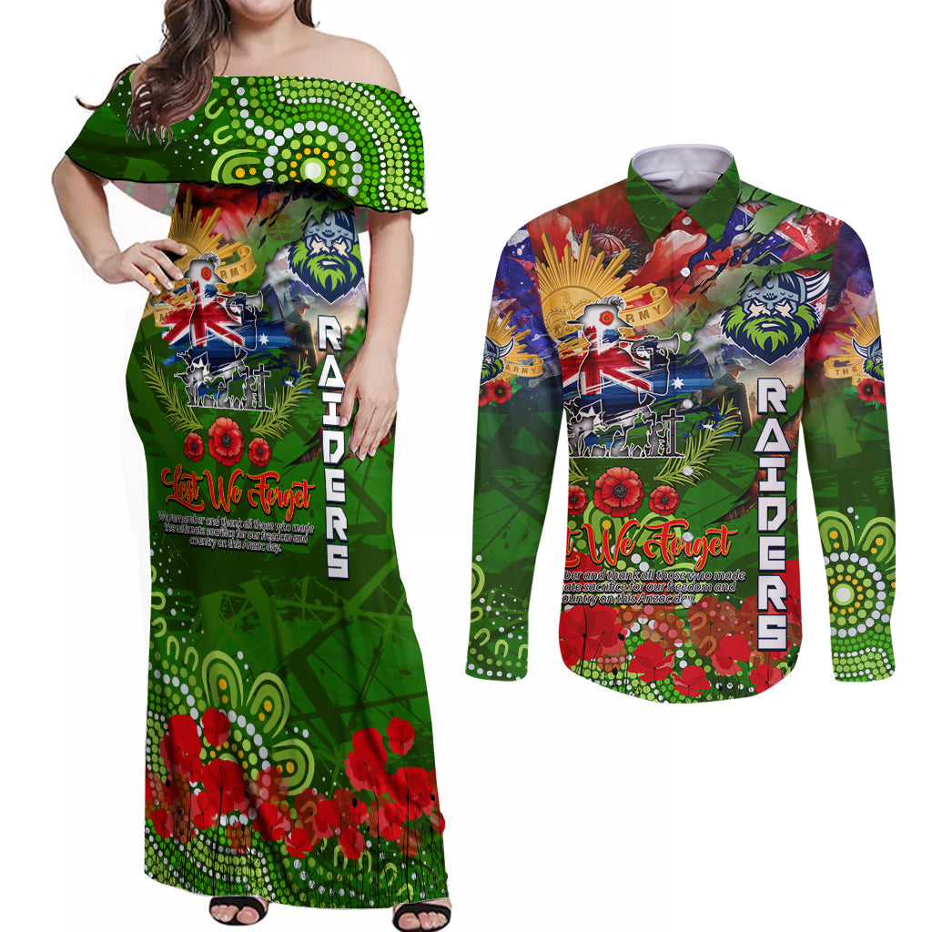 Personalised Australia Rugby Raiders ANZAC Couples Matching Off Shoulder Maxi Dress and Long Sleeve Button Shirt Canberra Scratch Style