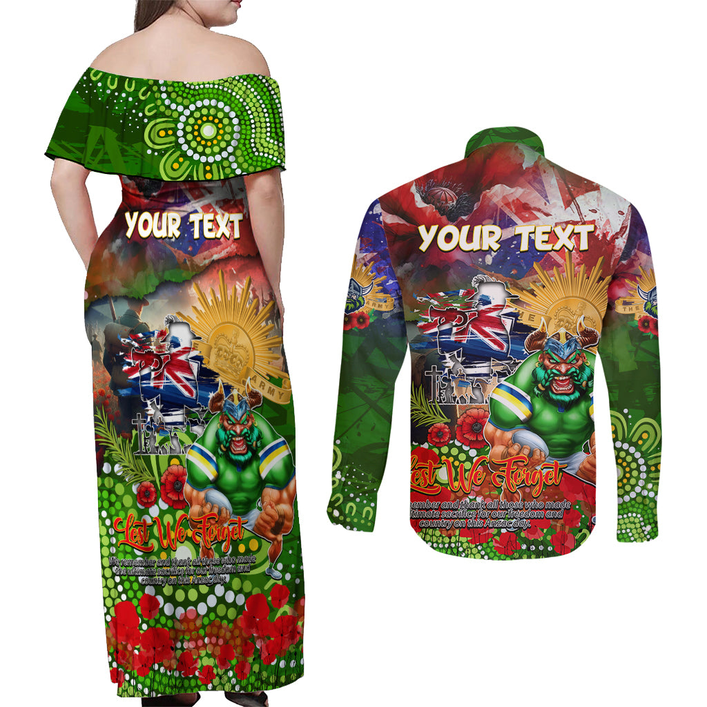 Personalised Australia Rugby Raiders ANZAC Couples Matching Off Shoulder Maxi Dress and Long Sleeve Button Shirt Canberra Scratch Style