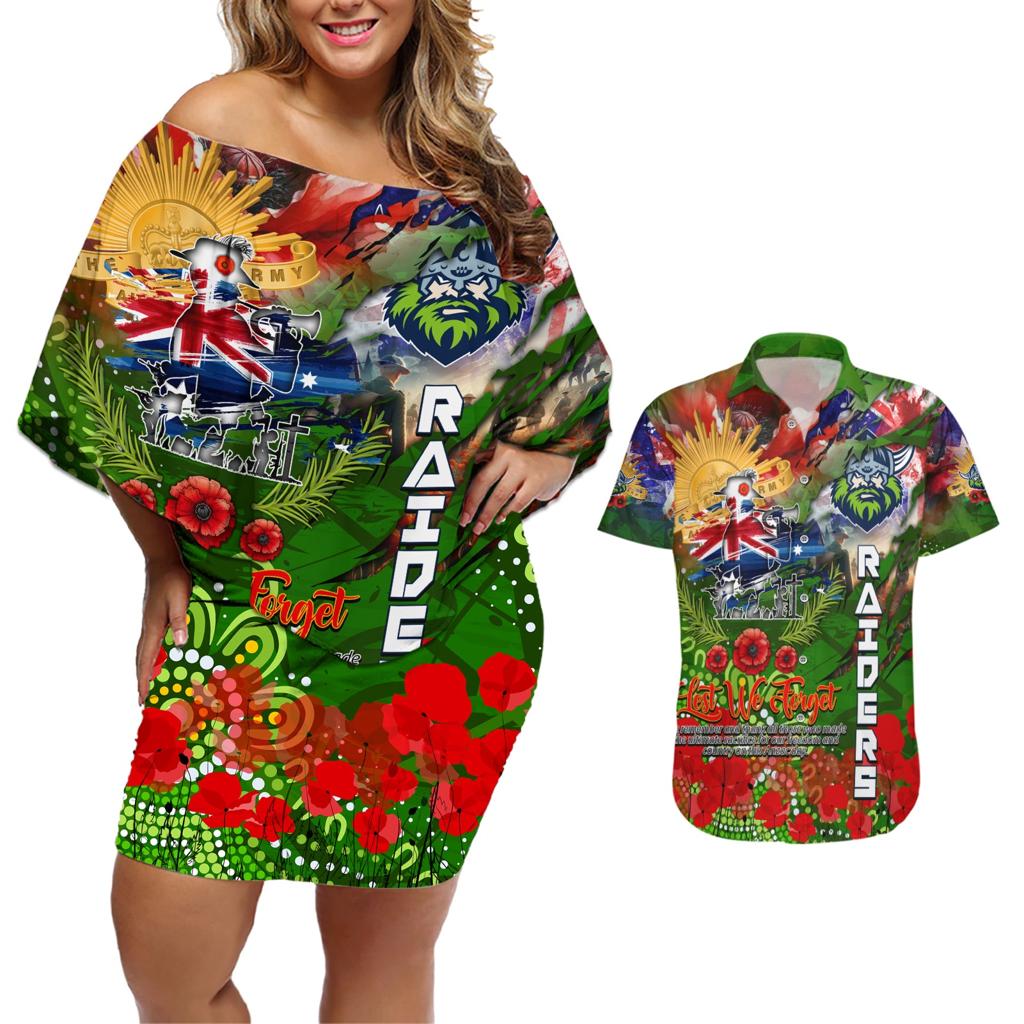 Personalised Australia Rugby Raiders ANZAC Couples Matching Off Shoulder Short Dress and Hawaiian Shirt Canberra Scratch Style