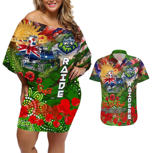 Personalised Australia Rugby Raiders ANZAC Couples Matching Off Shoulder Short Dress and Hawaiian Shirt Canberra Scratch Style