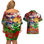 Personalised Australia Rugby Raiders ANZAC Couples Matching Off Shoulder Short Dress and Hawaiian Shirt Canberra Scratch Style