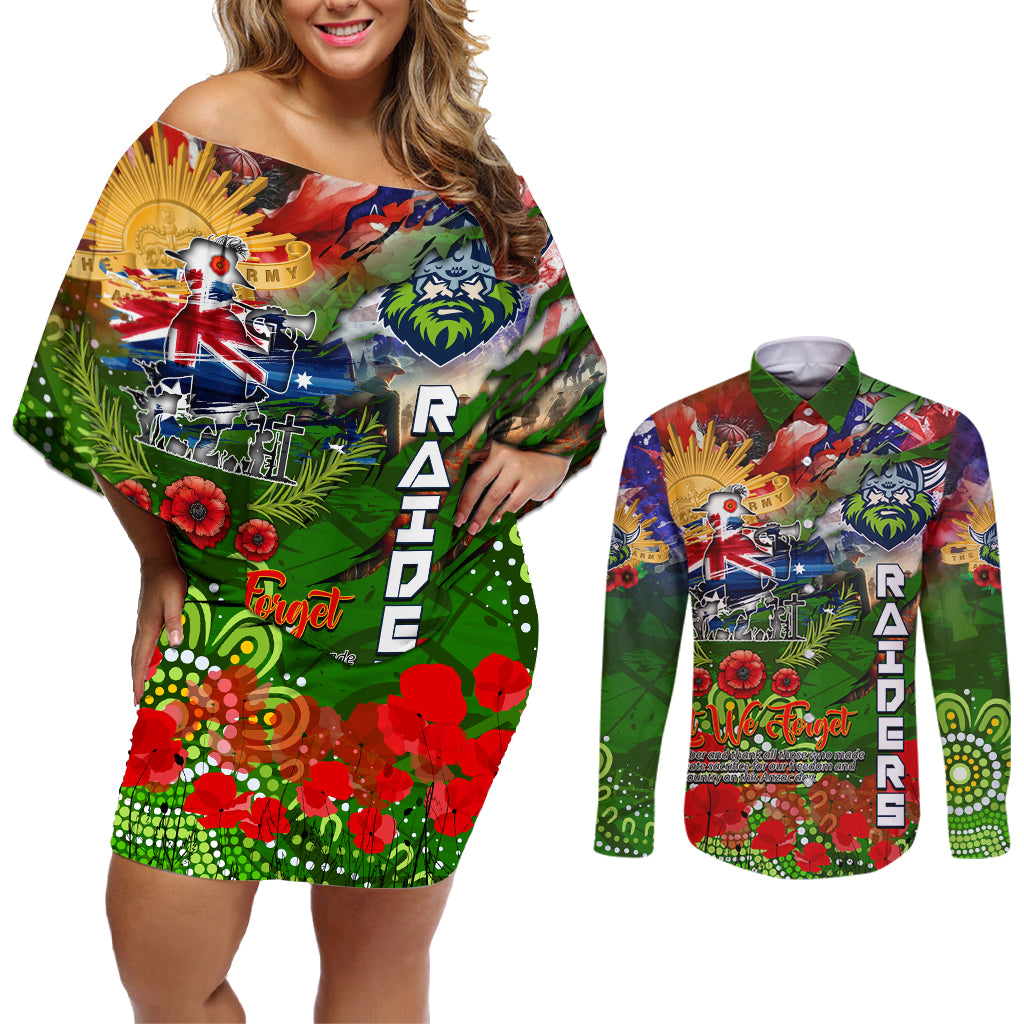Personalised Australia Rugby Raiders ANZAC Couples Matching Off Shoulder Short Dress and Long Sleeve Button Shirt Canberra Scratch Style
