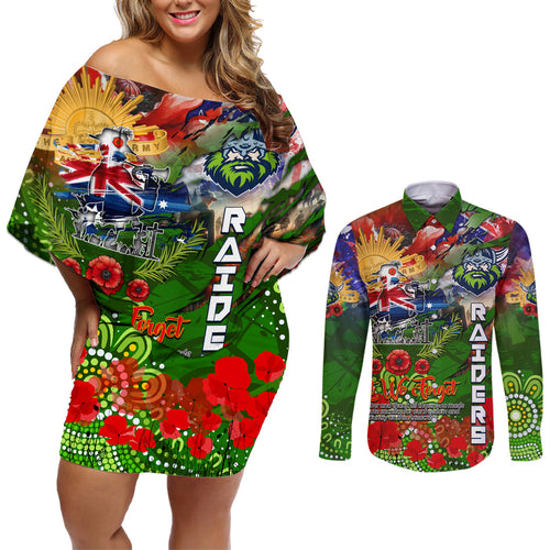 Personalised Australia Rugby Raiders ANZAC Couples Matching Off Shoulder Short Dress and Long Sleeve Button Shirt Canberra Scratch Style