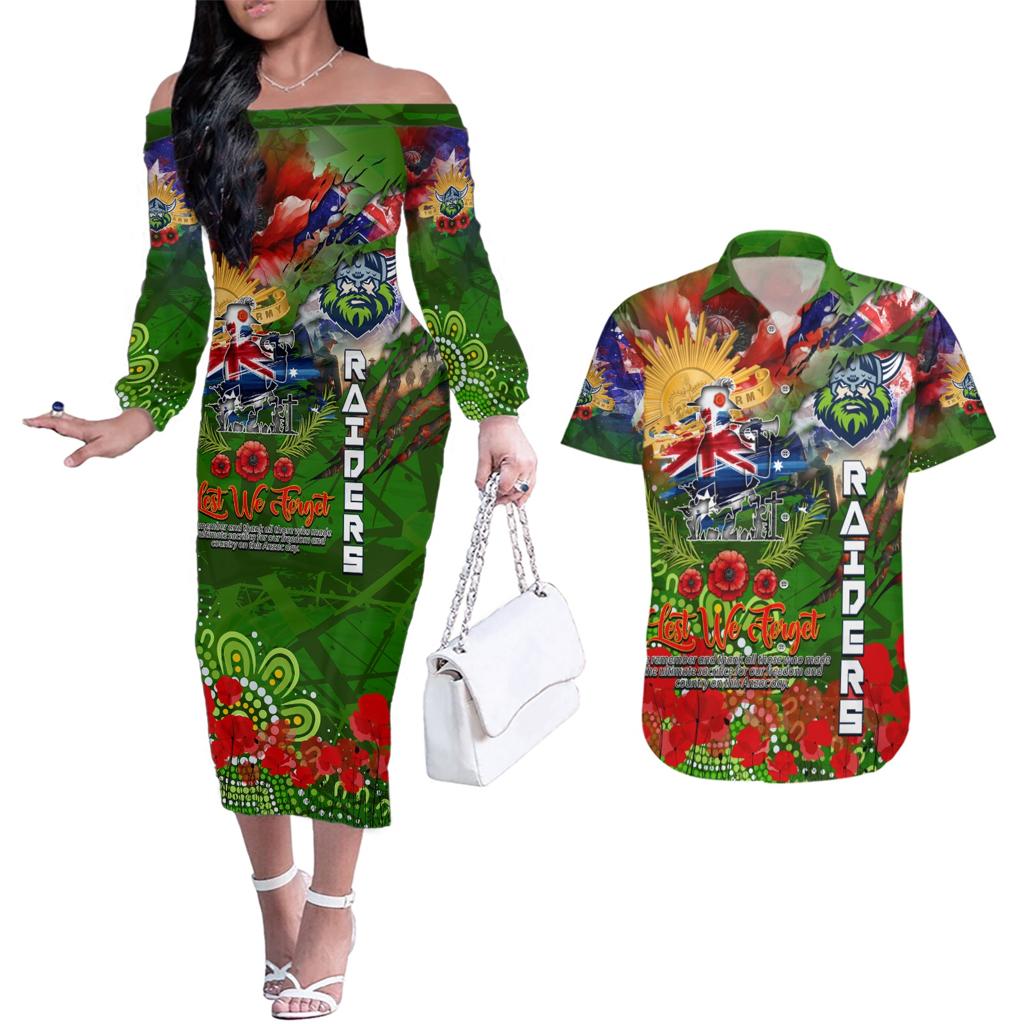 Personalised Australia Rugby Raiders ANZAC Couples Matching Off The Shoulder Long Sleeve Dress and Hawaiian Shirt Canberra Scratch Style