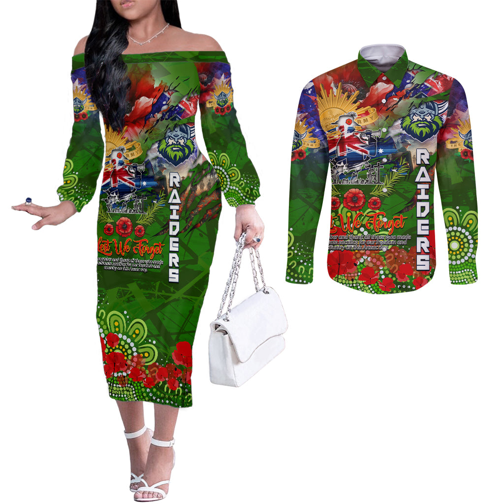 Personalised Australia Rugby Raiders ANZAC Couples Matching Off The Shoulder Long Sleeve Dress and Long Sleeve Button Shirt Canberra Scratch Style