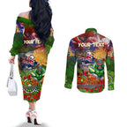 Personalised Australia Rugby Raiders ANZAC Couples Matching Off The Shoulder Long Sleeve Dress and Long Sleeve Button Shirt Canberra Scratch Style