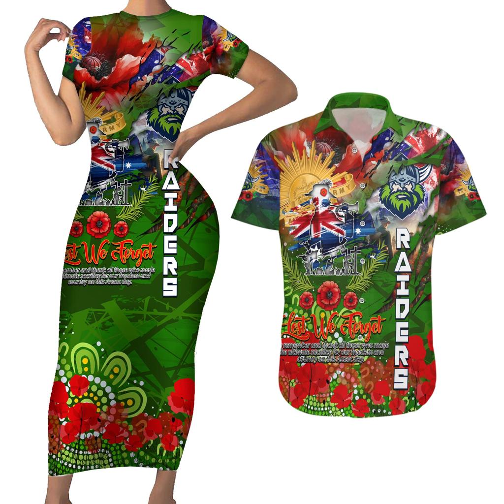 Personalised Australia Rugby Raiders ANZAC Couples Matching Short Sleeve Bodycon Dress and Hawaiian Shirt Canberra Scratch Style