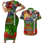 Personalised Australia Rugby Raiders ANZAC Couples Matching Short Sleeve Bodycon Dress and Hawaiian Shirt Canberra Scratch Style