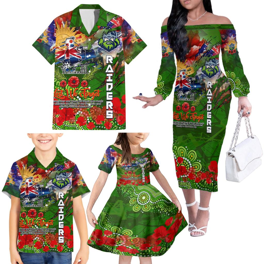 Personalised Australia Rugby Raiders ANZAC Family Matching Off The Shoulder Long Sleeve Dress and Hawaiian Shirt Canberra Scratch Style