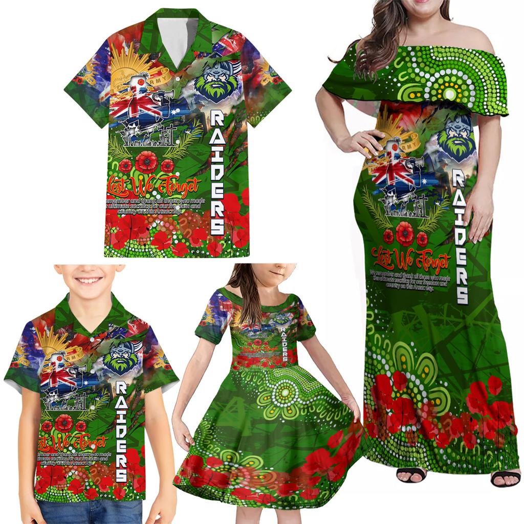 Personalised Australia Rugby Raiders ANZAC Family Matching Off Shoulder Maxi Dress and Hawaiian Shirt Canberra Scratch Style