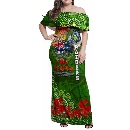 Personalised Australia Rugby Raiders ANZAC Family Matching Off Shoulder Maxi Dress and Hawaiian Shirt Canberra Scratch Style