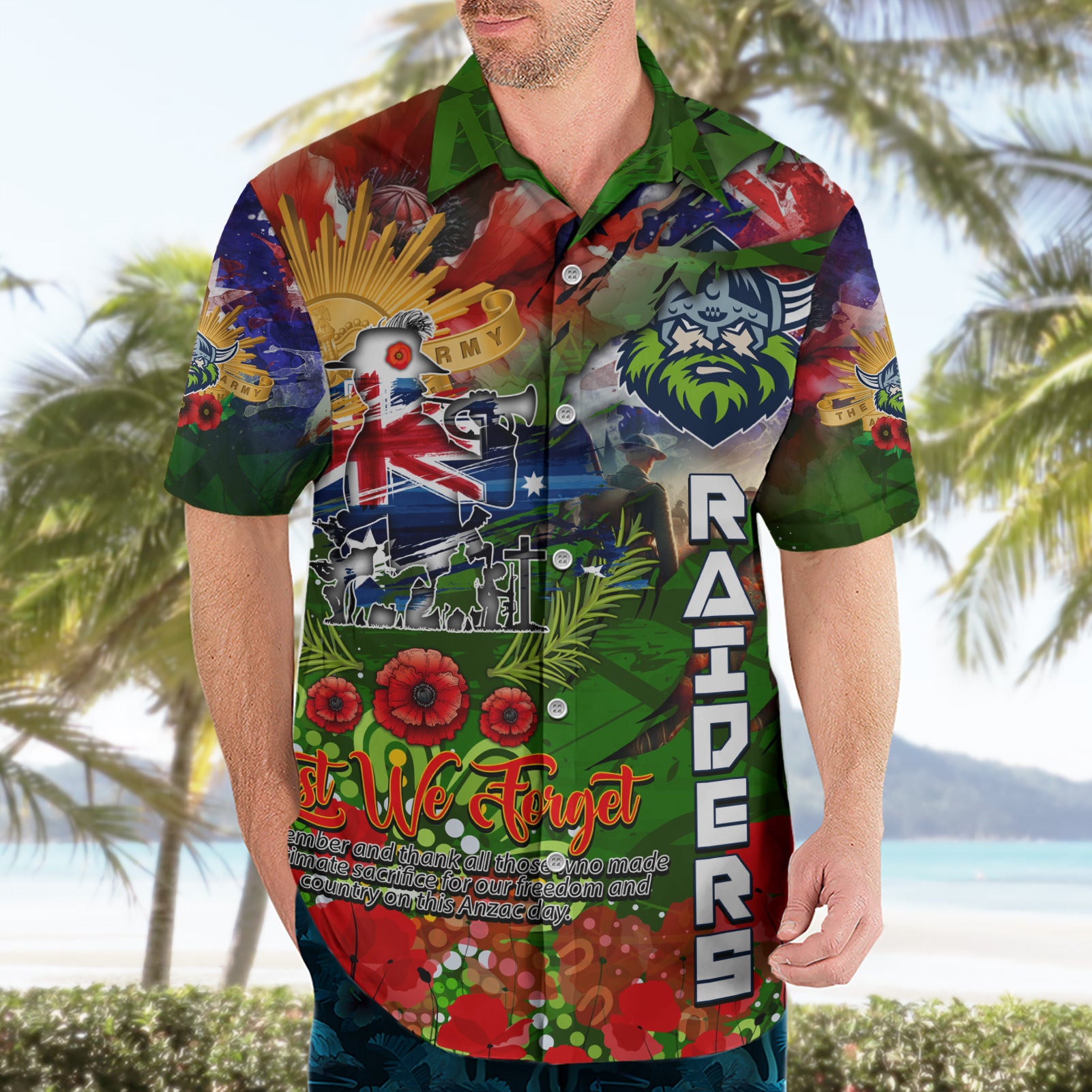 Personalised Australia Rugby Raiders ANZAC Hawaiian Shirt Canberra Scratch Style