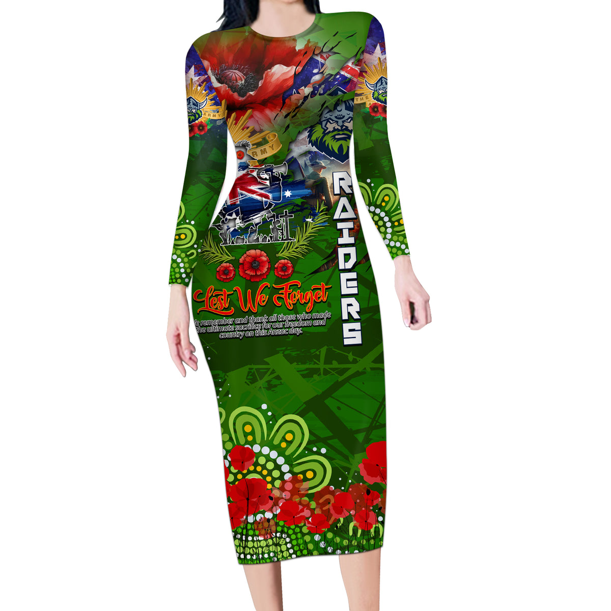 Personalised Australia Rugby Raiders ANZAC Long Sleeve Bodycon Dress Canberra Scratch Style