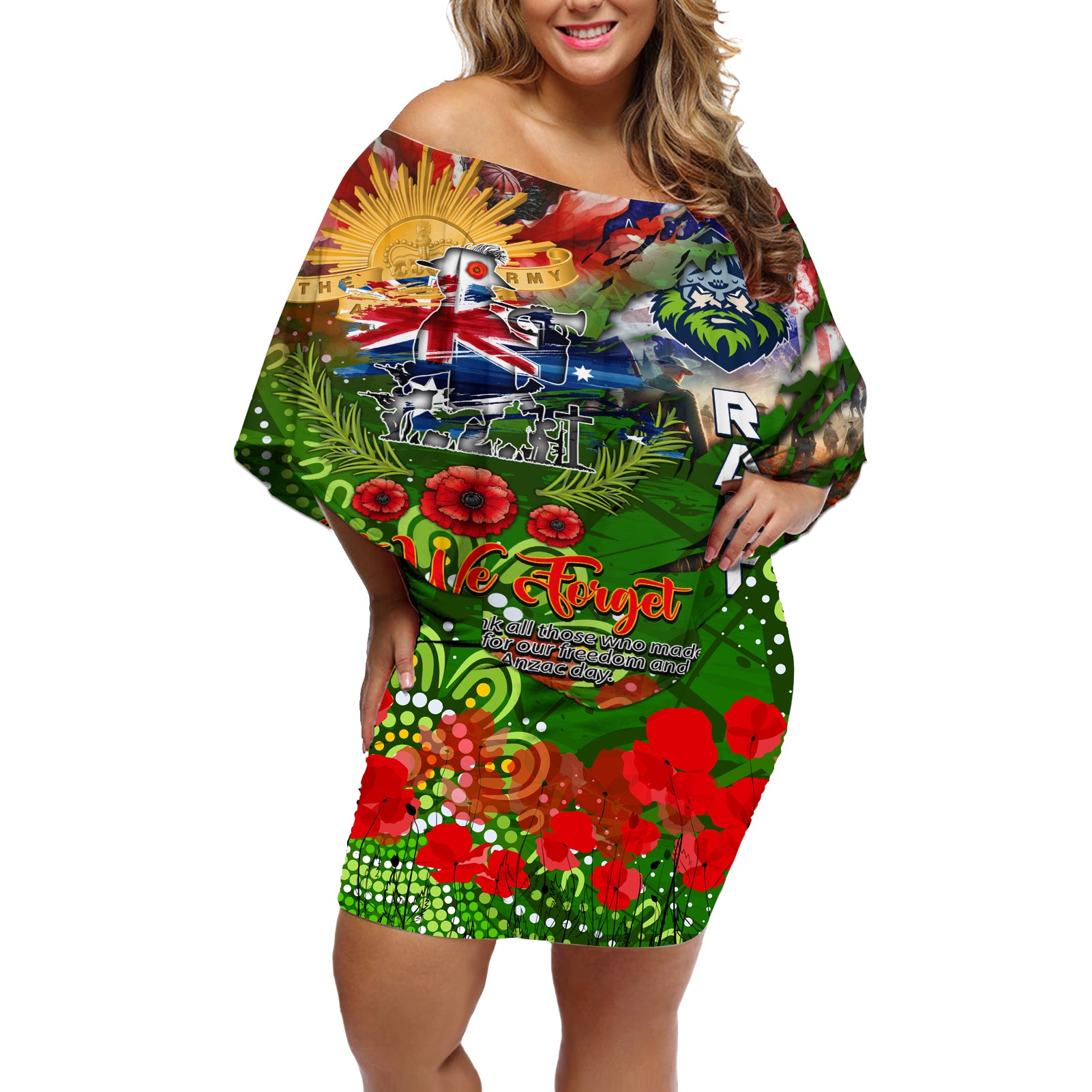 Personalised Australia Rugby Raiders ANZAC Off Shoulder Short Dress Canberra Scratch Style