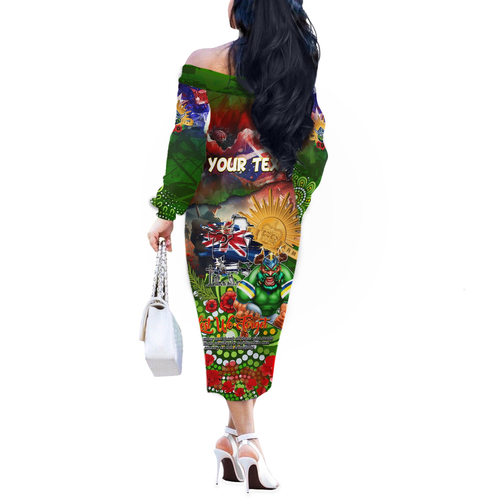 Personalised Australia Rugby Raiders ANZAC Off The Shoulder Long Sleeve Dress Canberra Scratch Style