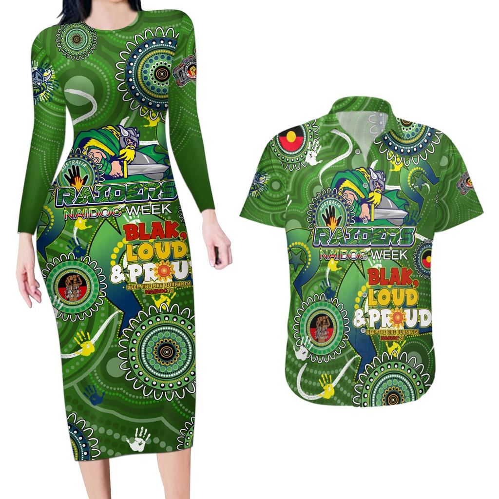 Personalised NAIDOC Week 2024 Raiders Couples Matching Long Sleeve Bodycon Dress and Hawaiian Shirt Australia Fire Burning