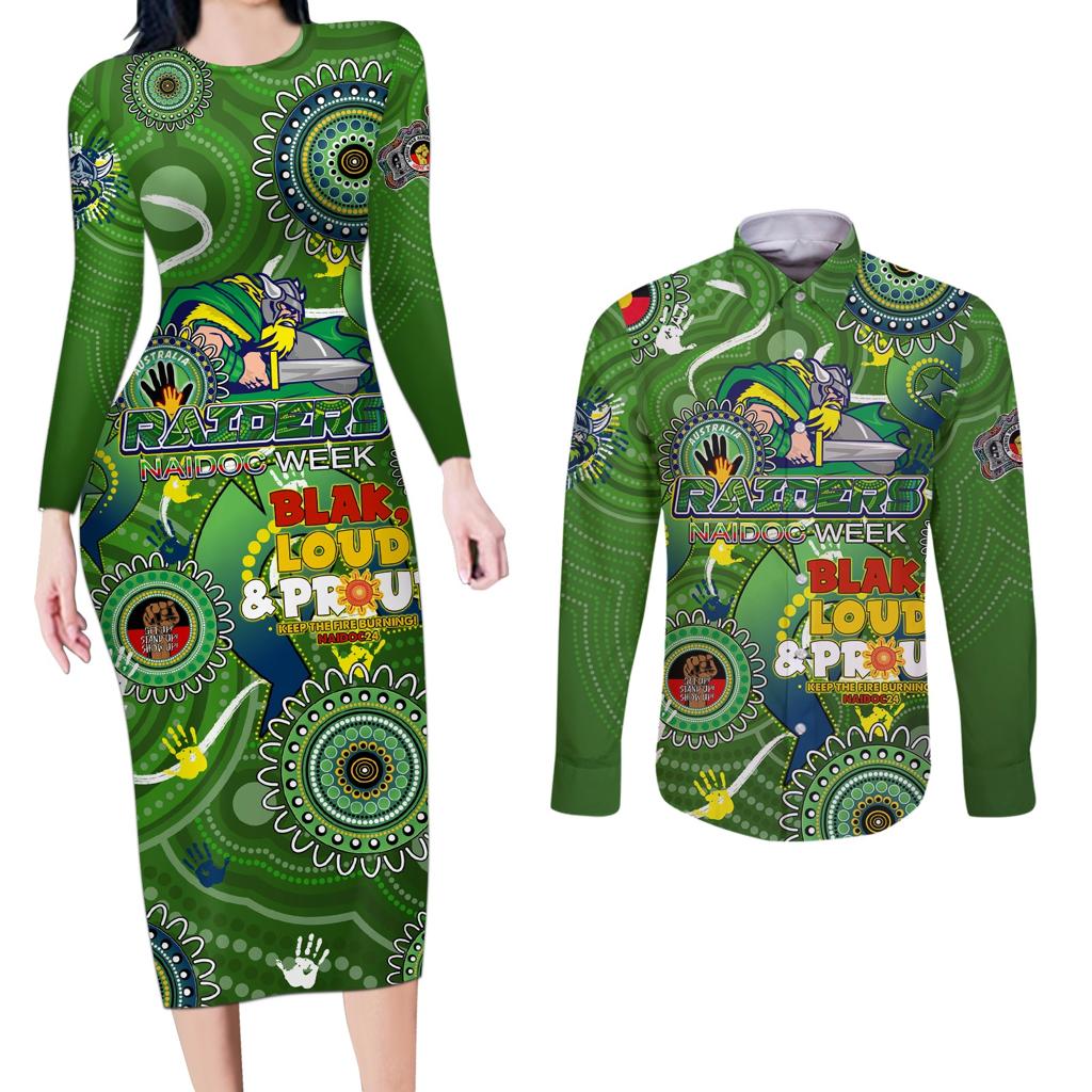 Personalised NAIDOC Week 2024 Raiders Couples Matching Long Sleeve Bodycon Dress and Long Sleeve Button Shirt Australia Fire Burning