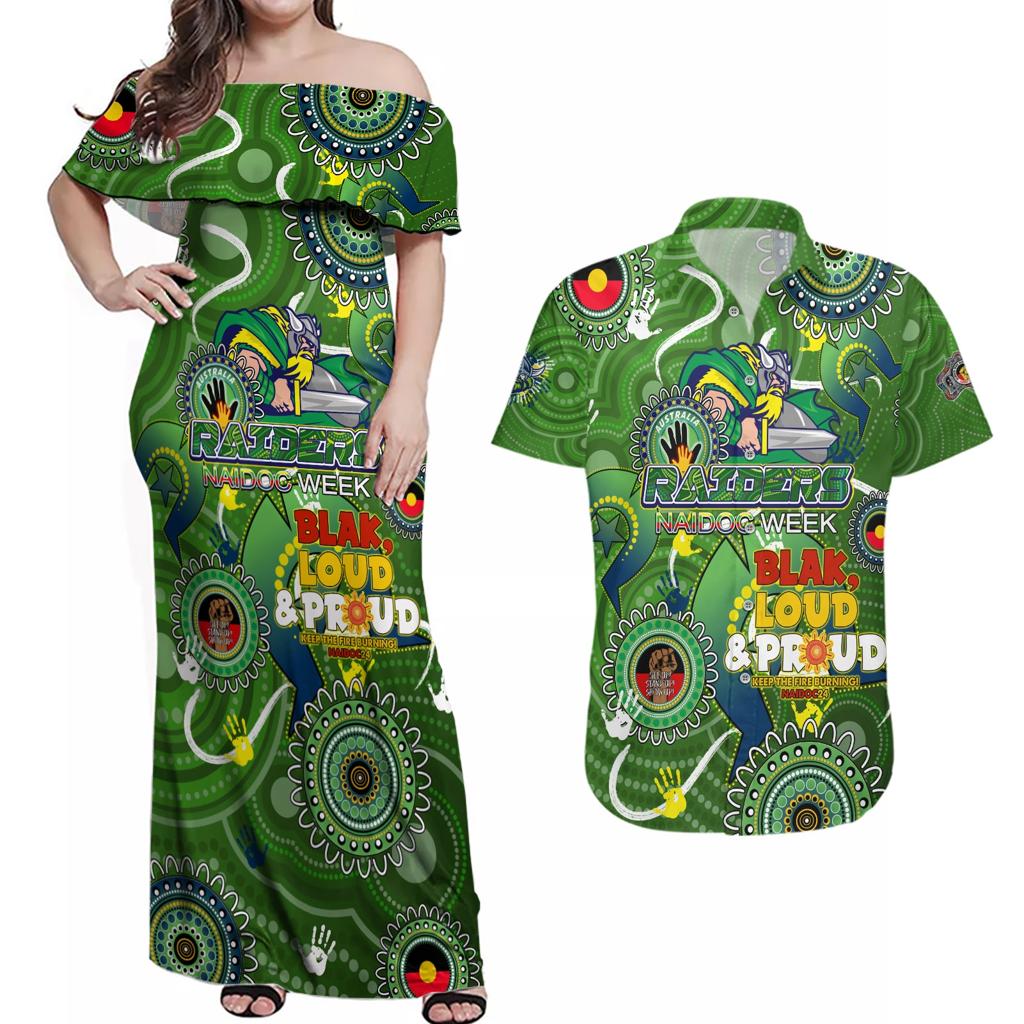 Personalised NAIDOC Week 2024 Raiders Couples Matching Off Shoulder Maxi Dress and Hawaiian Shirt Australia Fire Burning