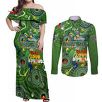 Personalised NAIDOC Week 2024 Raiders Couples Matching Off Shoulder Maxi Dress and Long Sleeve Button Shirt Australia Fire Burning