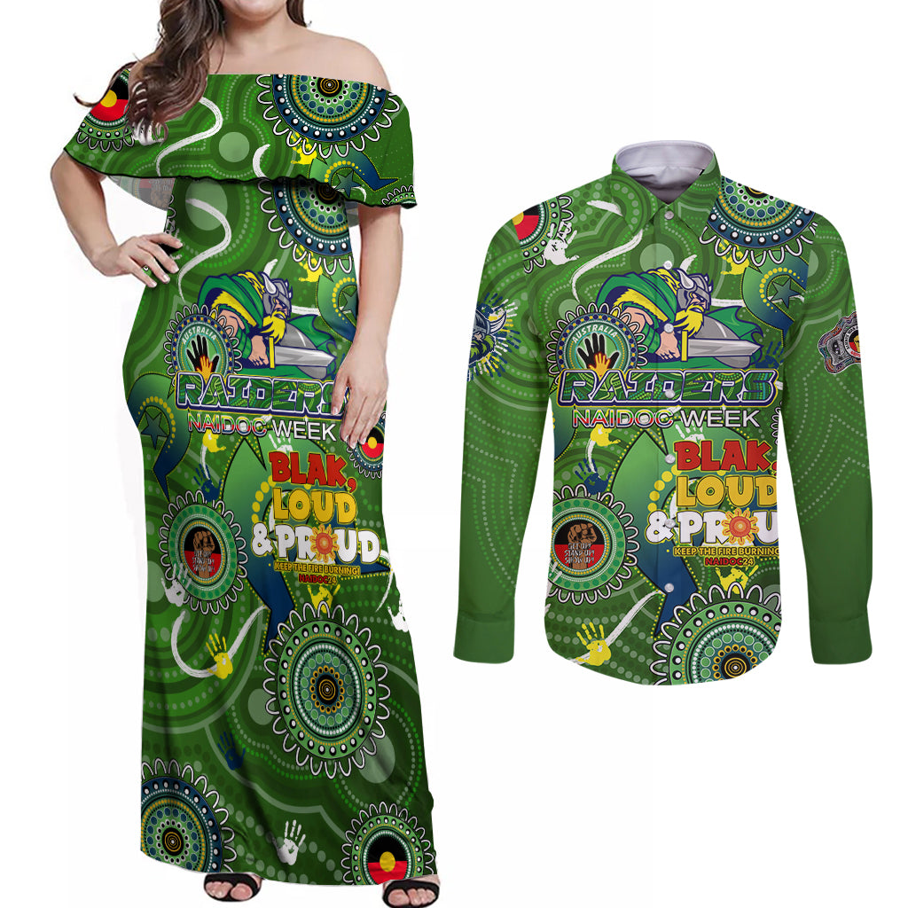 Personalised NAIDOC Week 2024 Raiders Couples Matching Off Shoulder Maxi Dress and Long Sleeve Button Shirt Australia Fire Burning