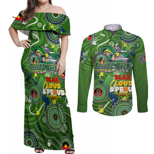 Personalised NAIDOC Week 2024 Raiders Couples Matching Off Shoulder Maxi Dress and Long Sleeve Button Shirt Australia Fire Burning