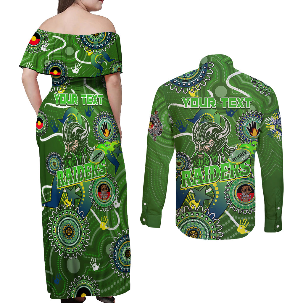 Personalised NAIDOC Week 2024 Raiders Couples Matching Off Shoulder Maxi Dress and Long Sleeve Button Shirt Australia Fire Burning