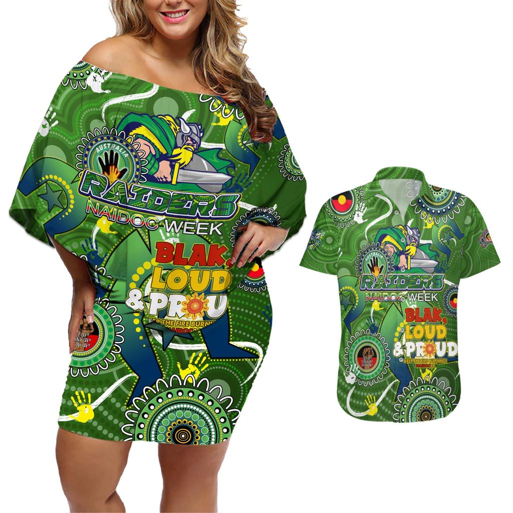 Personalised NAIDOC Week 2024 Raiders Couples Matching Off Shoulder Short Dress and Hawaiian Shirt Australia Fire Burning