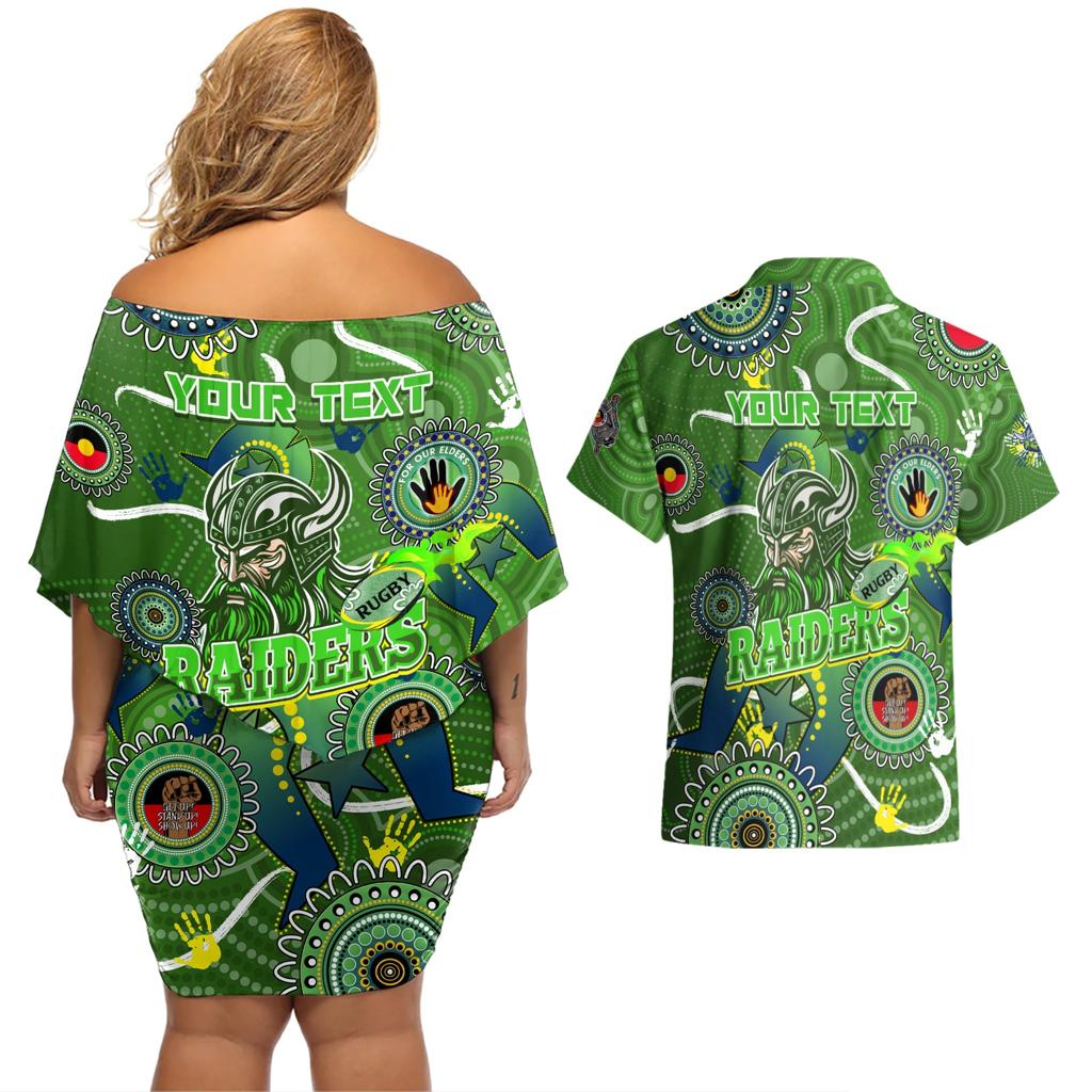 Personalised NAIDOC Week 2024 Raiders Couples Matching Off Shoulder Short Dress and Hawaiian Shirt Australia Fire Burning