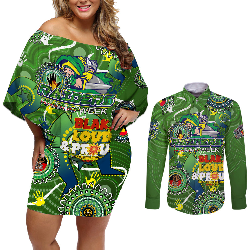 Personalised NAIDOC Week 2024 Raiders Couples Matching Off Shoulder Short Dress and Long Sleeve Button Shirt Australia Fire Burning