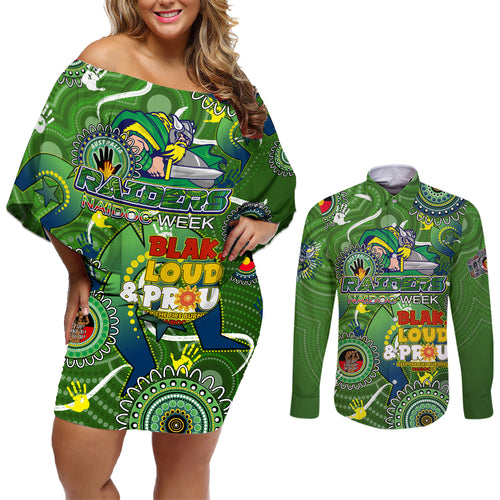 Personalised NAIDOC Week 2024 Raiders Couples Matching Off Shoulder Short Dress and Long Sleeve Button Shirt Australia Fire Burning