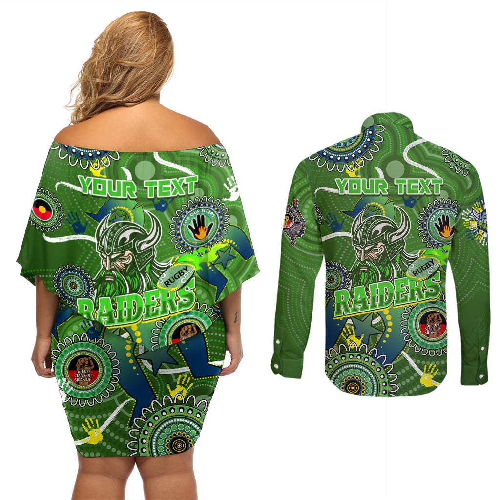 Personalised NAIDOC Week 2024 Raiders Couples Matching Off Shoulder Short Dress and Long Sleeve Button Shirt Australia Fire Burning
