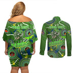 Personalised NAIDOC Week 2024 Raiders Couples Matching Off Shoulder Short Dress and Long Sleeve Button Shirt Australia Fire Burning