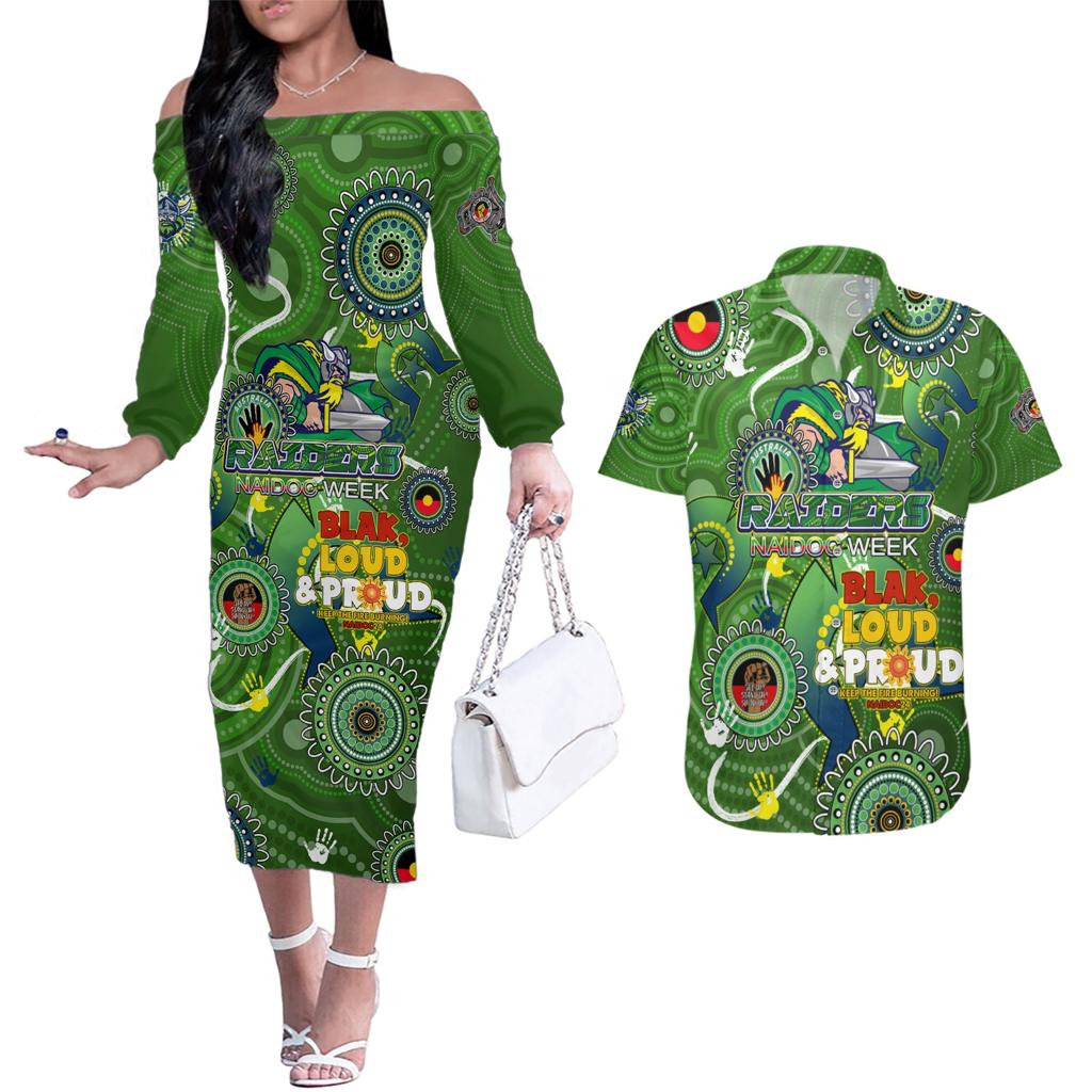 Personalised NAIDOC Week 2024 Raiders Couples Matching Off The Shoulder Long Sleeve Dress and Hawaiian Shirt Australia Fire Burning