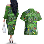 Personalised NAIDOC Week 2024 Raiders Couples Matching Off The Shoulder Long Sleeve Dress and Hawaiian Shirt Australia Fire Burning