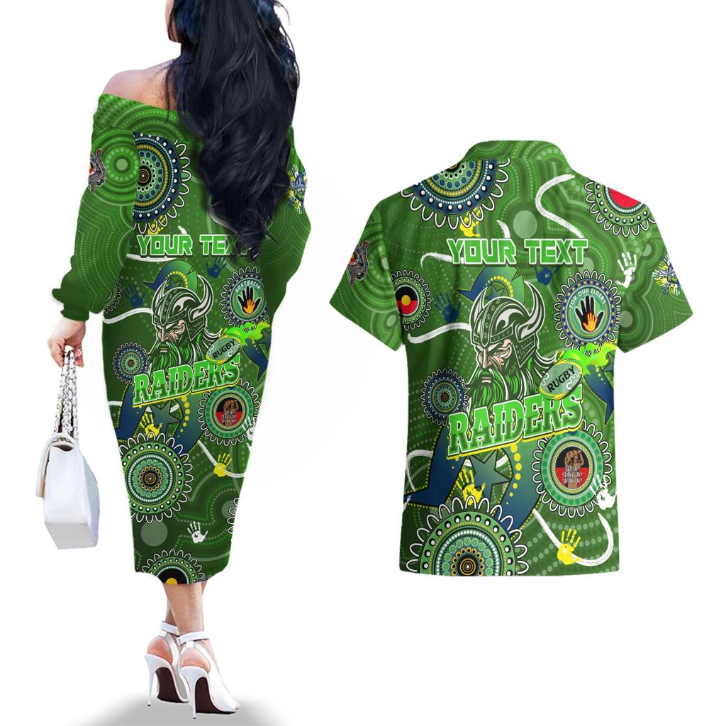 Personalised NAIDOC Week 2024 Raiders Couples Matching Off The Shoulder Long Sleeve Dress and Hawaiian Shirt Australia Fire Burning