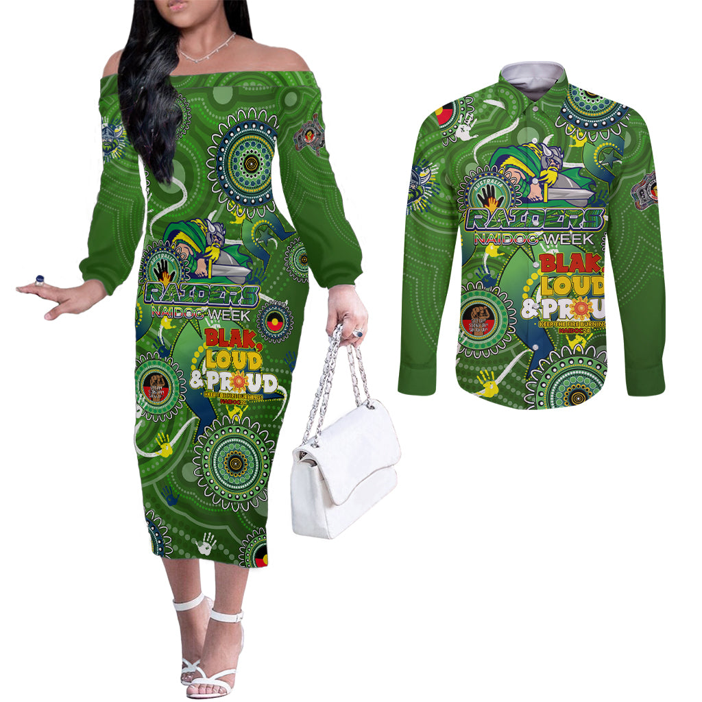 Personalised NAIDOC Week 2024 Raiders Couples Matching Off The Shoulder Long Sleeve Dress and Long Sleeve Button Shirt Australia Fire Burning