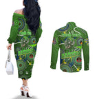 Personalised NAIDOC Week 2024 Raiders Couples Matching Off The Shoulder Long Sleeve Dress and Long Sleeve Button Shirt Australia Fire Burning