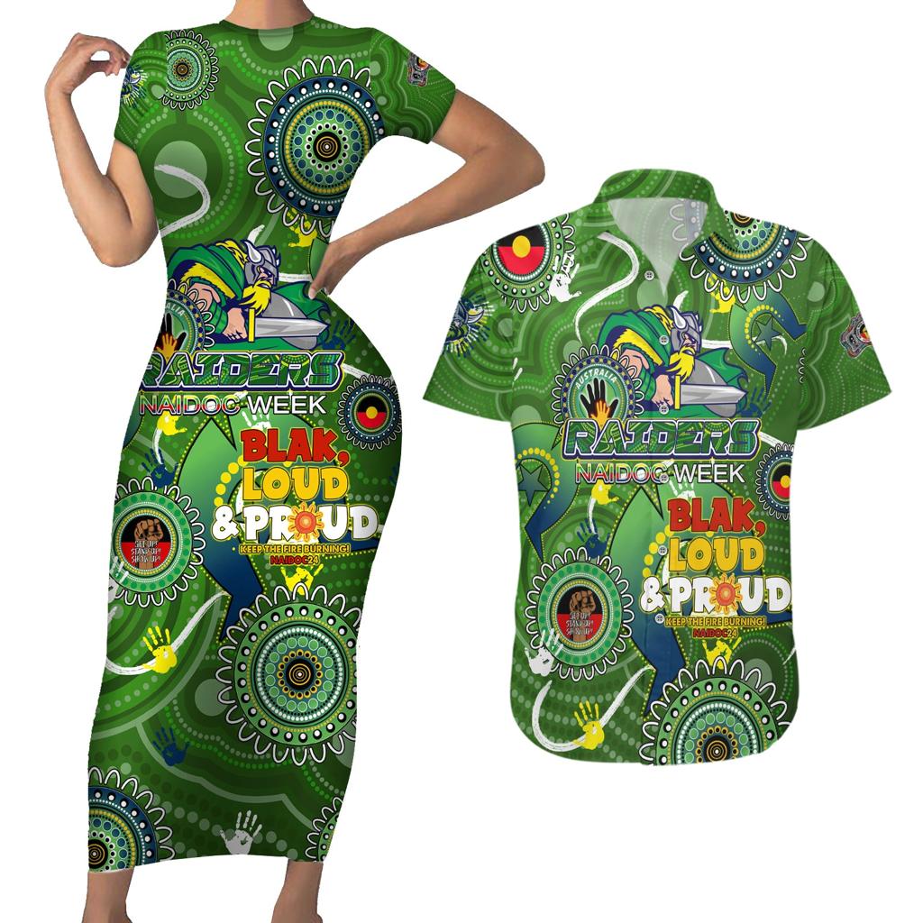 Personalised NAIDOC Week 2024 Raiders Couples Matching Short Sleeve Bodycon Dress and Hawaiian Shirt Australia Fire Burning
