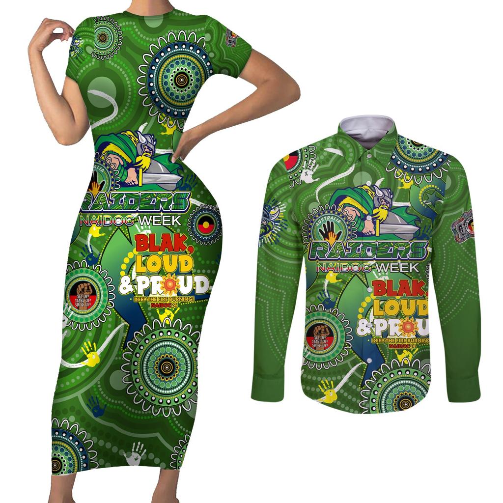 Personalised NAIDOC Week 2024 Raiders Couples Matching Short Sleeve Bodycon Dress and Long Sleeve Button Shirt Australia Fire Burning