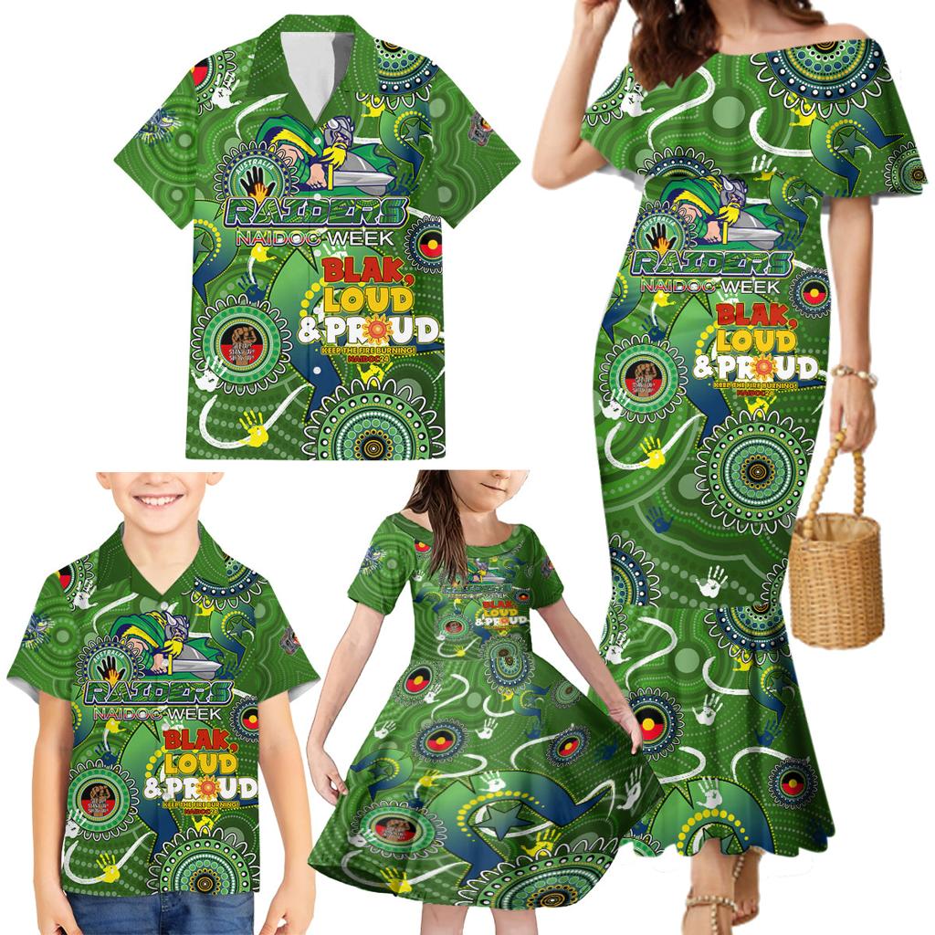 Personalised NAIDOC Week 2024 Raiders Family Matching Mermaid Dress and Hawaiian Shirt Australia Fire Burning