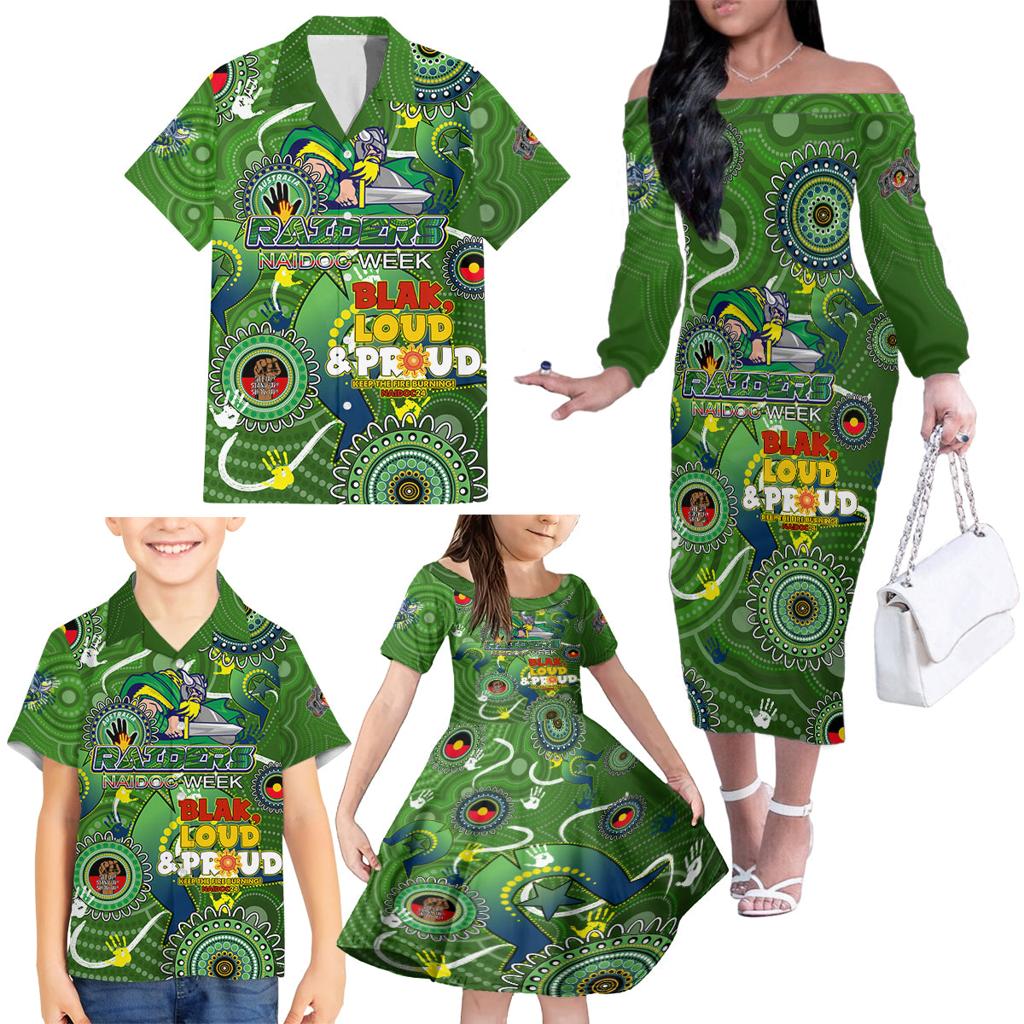 Personalised NAIDOC Week 2024 Raiders Family Matching Off The Shoulder Long Sleeve Dress and Hawaiian Shirt Australia Fire Burning