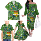 Personalised NAIDOC Week 2024 Raiders Family Matching Off The Shoulder Long Sleeve Dress and Hawaiian Shirt Australia Fire Burning
