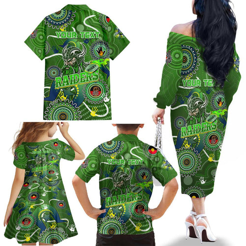Personalised NAIDOC Week 2024 Raiders Family Matching Off The Shoulder Long Sleeve Dress and Hawaiian Shirt Australia Fire Burning