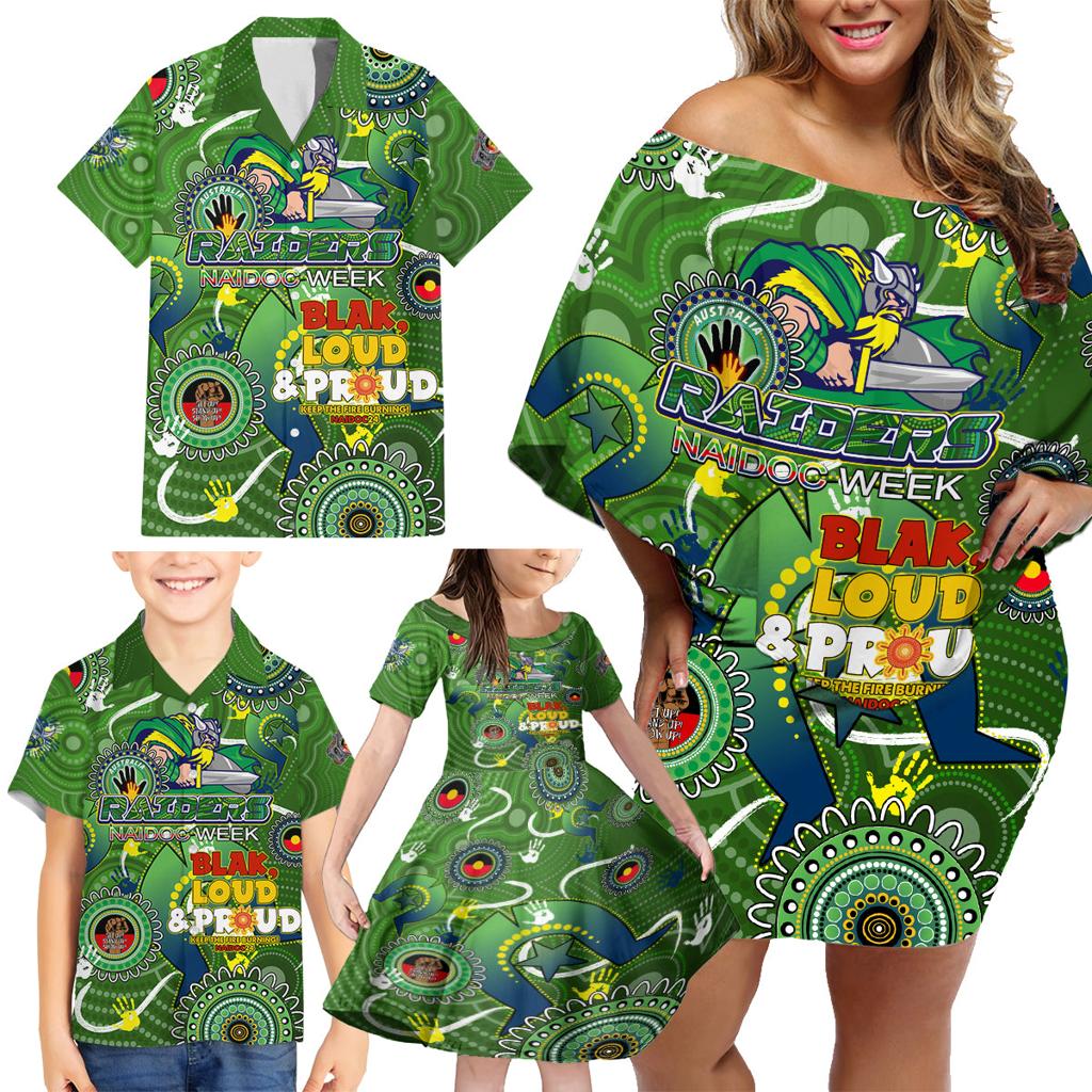 Personalised NAIDOC Week 2024 Raiders Family Matching Off Shoulder Short Dress and Hawaiian Shirt Australia Fire Burning