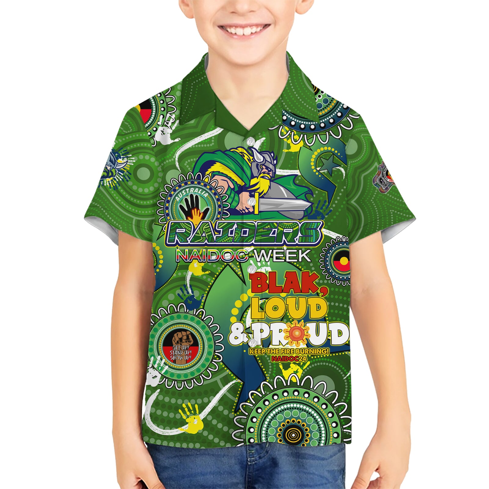 Personalised NAIDOC Week 2024 Raiders Kid Hawaiian Shirt Australia Fire Burning