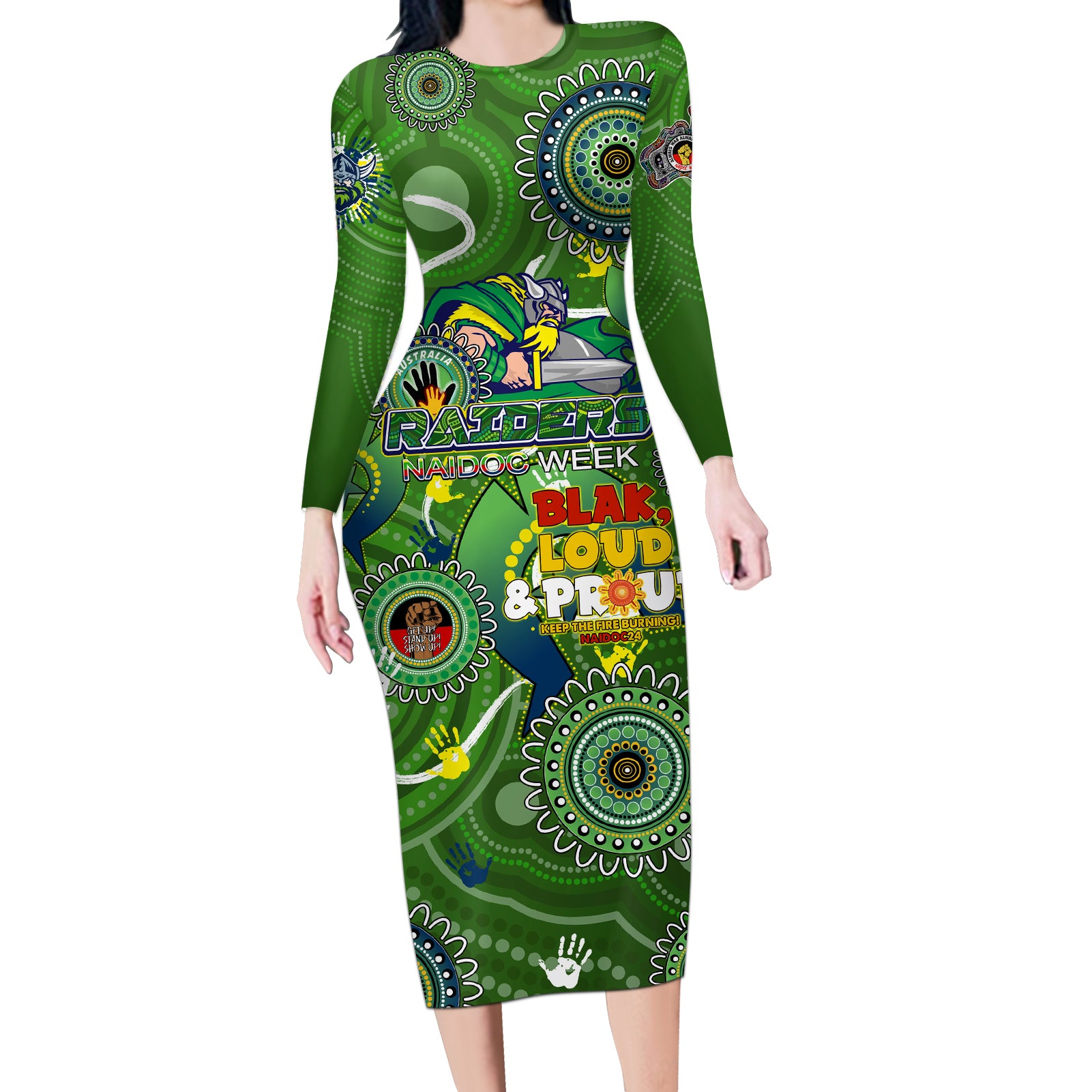 Personalised NAIDOC Week 2024 Raiders Long Sleeve Bodycon Dress Australia Fire Burning