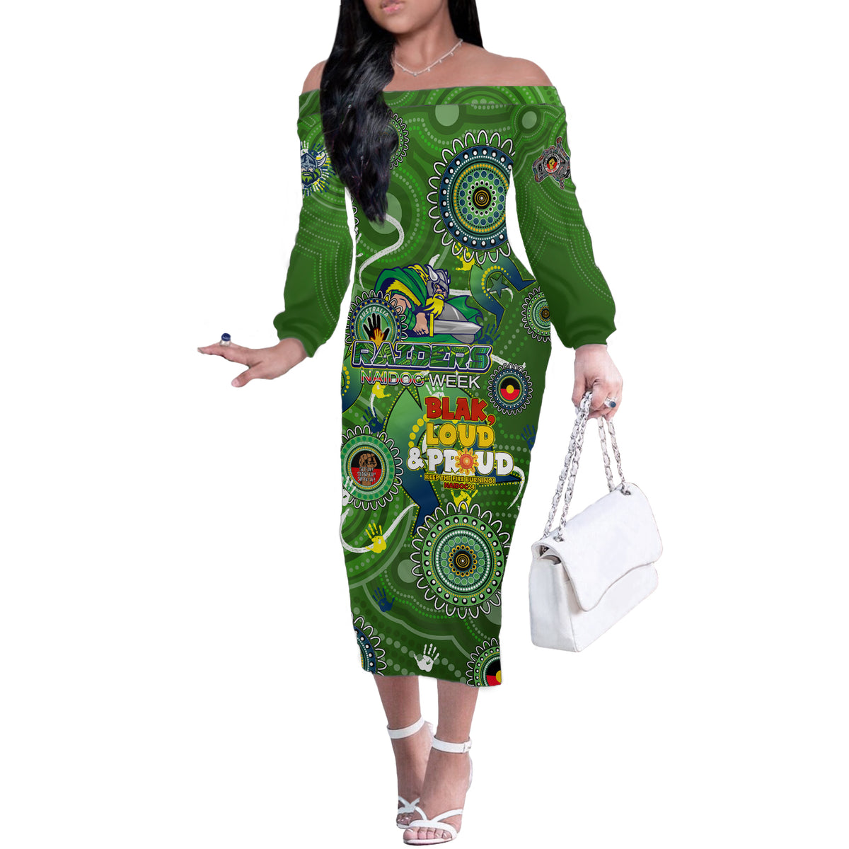 Personalised NAIDOC Week 2024 Raiders Off The Shoulder Long Sleeve Dress Australia Fire Burning