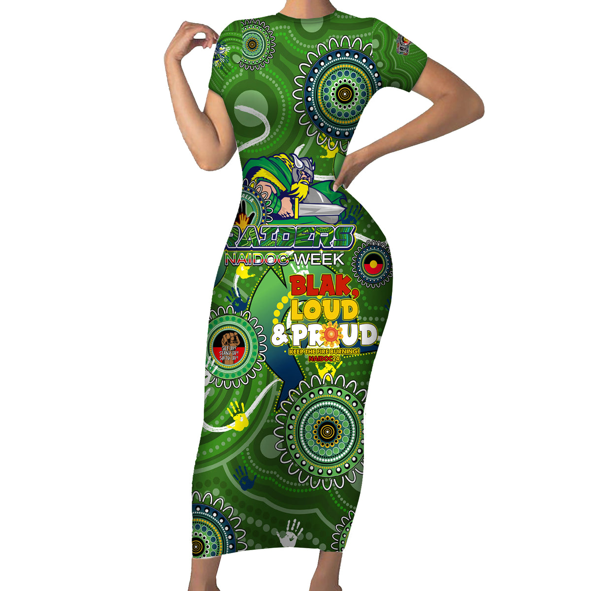 Personalised NAIDOC Week 2024 Raiders Short Sleeve Bodycon Dress Australia Fire Burning