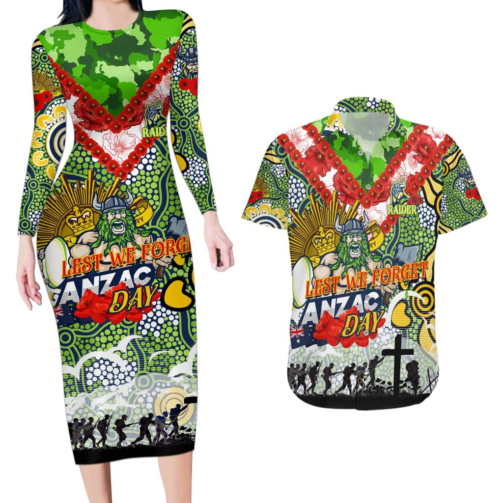 Personalised Raiders ANZAC Day Couples Matching Long Sleeve Bodycon Dress and Hawaiian Shirt Aboriginal Rising Sun